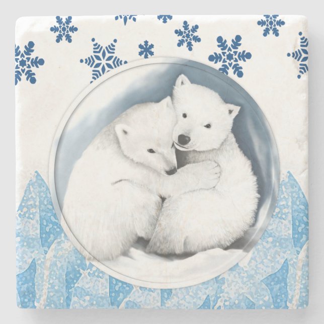 Polar Bear Marble Stone Coaster Christmas (Front)