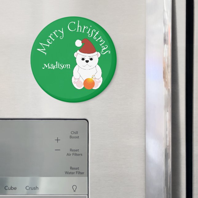 Polar bear Merry Christmas green Custom name Magnet (In Situ (Fridge))