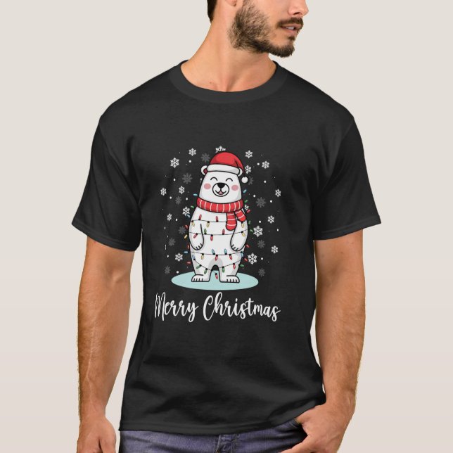 Polar Bear Merry Christmas Santa Hat Lights Snowfl T-Shirt (Front)