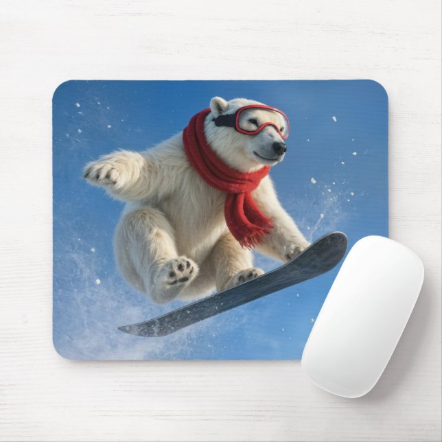 Polar Bear Mid-air on a Snowboard Mouse Mat (With Mouse)