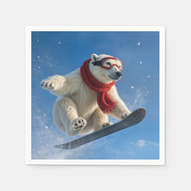 Polar Bear Mid-air on a Snowboard Napkin (Front)