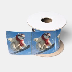 Polar Bear Mid-air on a Snowboard Satin Ribbon