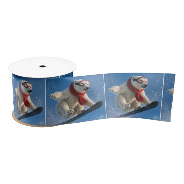 Polar Bear Mid-air on a Snowboard Satin Ribbon (Spool)