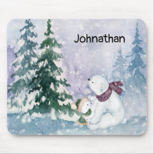 Polar Bear Mother and Baby with Snowy Scenic Mouse Mat