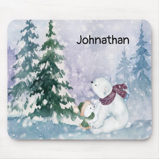 Polar Bear Mother and Baby with Snowy Scenic Mouse Mat (Front)
