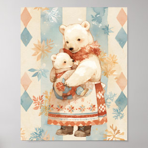 Polar Bear Mother and Cub Winter Attire Nursery Poster