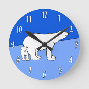 Polar Bear Mum and Cub Painting - Wildlife Art Round Clock