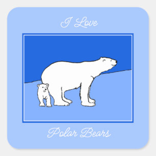 Polar Bear Mum and Cub Painting - Wildlife Art Square Sticker