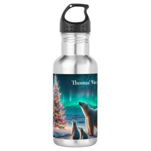 Polar Bear Mum Cubs Christmas Tree Aurora Borealis 532 Ml Water Bottle