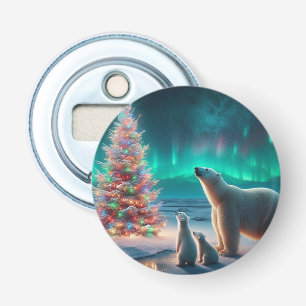 Polar Bear Mum Cubs Christmas Tree Aurora Borealis Bottle Opener