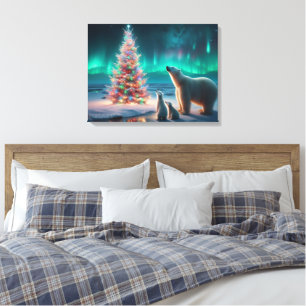 Polar Bear Mum Cubs Christmas Tree Aurora Borealis Canvas Print