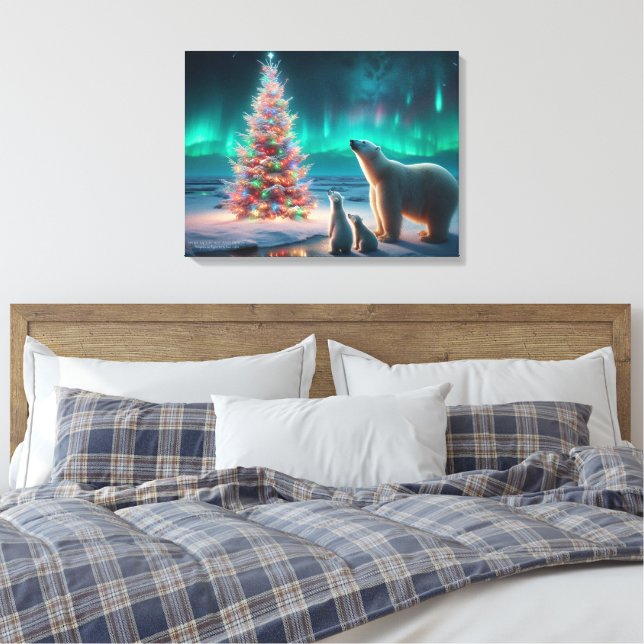 Polar Bear Mum Cubs Christmas Tree Aurora Borealis Canvas Print (Insitu(Bedroom))