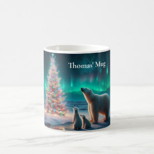 Polar Bear Mum Cubs Christmas Tree Aurora Borealis Coffee Mug