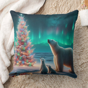 Polar Bear Mum Cubs Christmas Tree Aurora Borealis Cushion