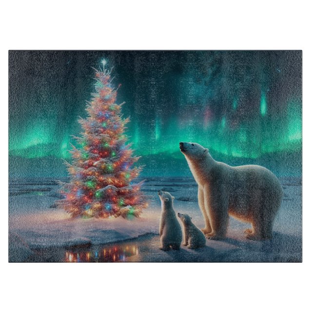 Polar Bear Mum Cubs Christmas Tree Aurora Borealis Cutting Board (Front)