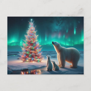 Polar Bear Mum Cubs Christmas Tree Aurora Borealis Holiday Postcard