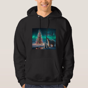 Polar Bear Mum Cubs Christmas Tree Aurora Borealis Hoodie