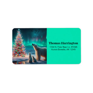 Polar Bear Mum Cubs Christmas Tree Aurora Borealis Label