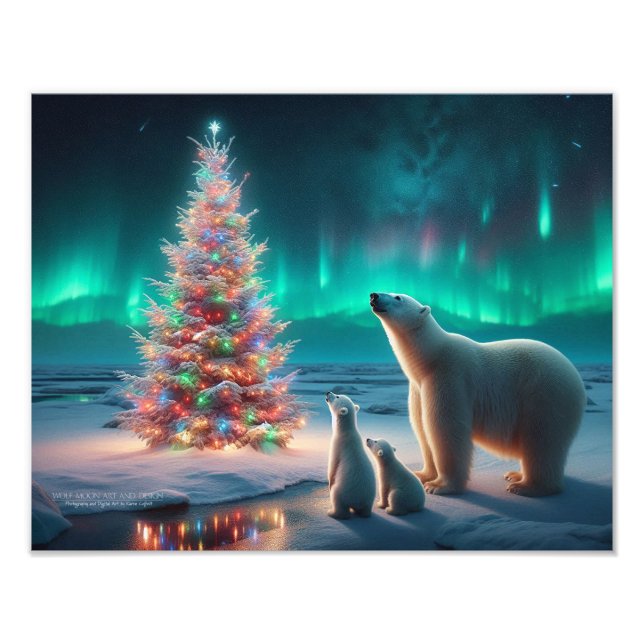 Polar Bear Mum Cubs Christmas Tree Aurora Borealis Photo Print (Front)