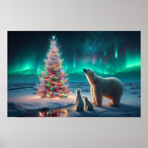 Polar Bear Mum Cubs Christmas Tree Aurora Borealis Poster