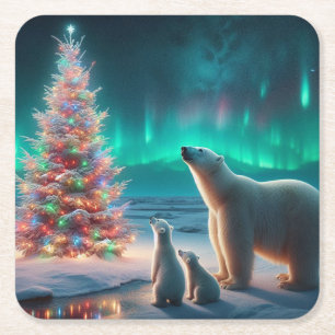 Polar Bear Mum Cubs Christmas Tree Aurora Borealis Square Paper Coaster