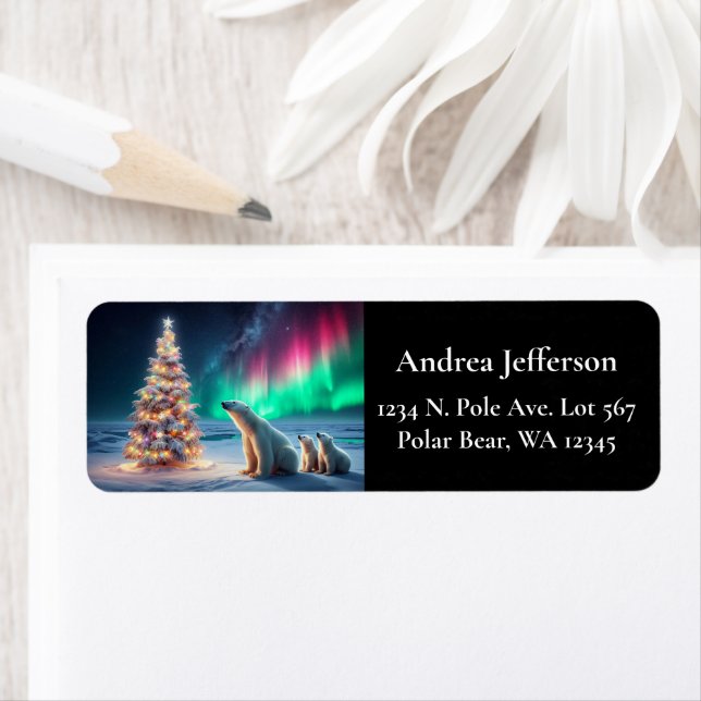 Polar Bear Mum Cubs Christmas Tree Northern Lights (Insitu)