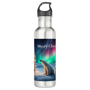 Polar Bear Mum Cubs Christmas Tree Northern Lights 710 Ml Water Bottle