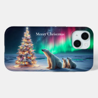Polar Bear Mum Cubs Christmas Tree Northern Lights