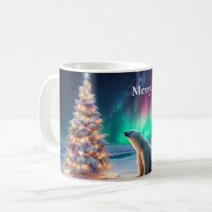 Polar Bear Mum Cubs Christmas Tree Northern Lights Coffee Mug