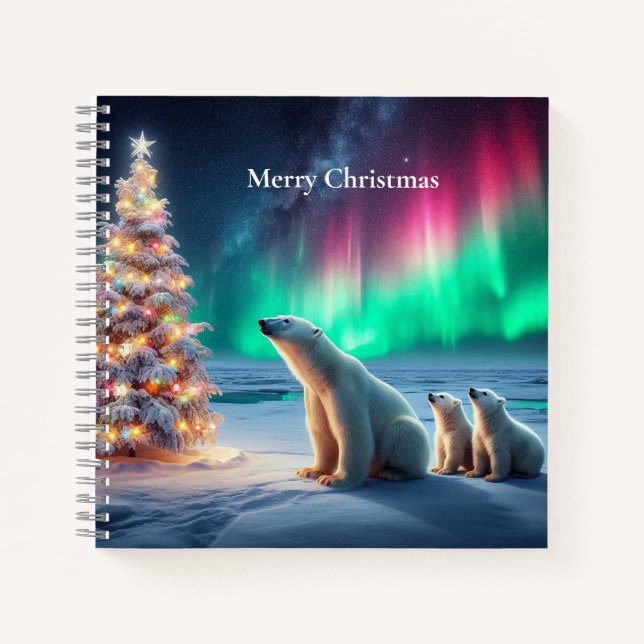 Polar Bear Mum Cubs Christmas Tree Northern Lights Notebook (Front)