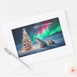 Polar Bear Mum Cubs Christmas Tree Northern Lights Rectangular Sticker