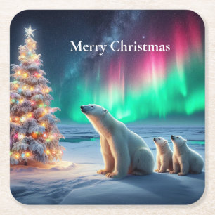 Polar Bear Mum Cubs Christmas Tree Northern Lights Square Paper Coaster