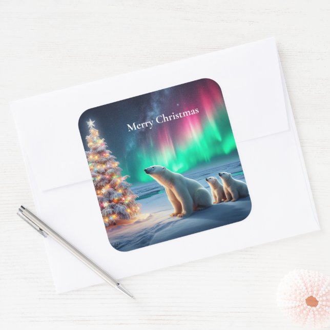 Polar Bear Mum Cubs Christmas Tree Northern Lights Square Sticker (Envelope)