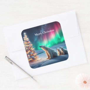 Polar Bear Mum Cubs Christmas Tree Northern Lights Square Sticker