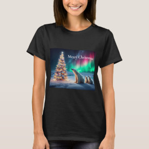 Polar Bear Mum Cubs Christmas Tree Northern Lights T-Shirt