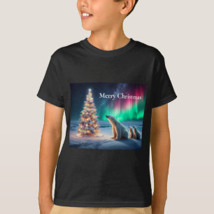 Polar Bear Mum Cubs Christmas Tree Northern Lights T-Shirt