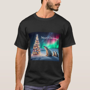 Polar Bear Mum Cubs Christmas Tree Northern Lights T-Shirt