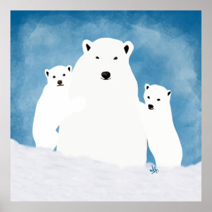 Polar Bear Mum With Cubs Illustration Poster
