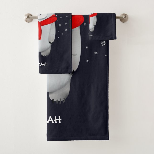 Polar Bear Navy Snow Winter Personalised Bath Towel Set (Insitu)