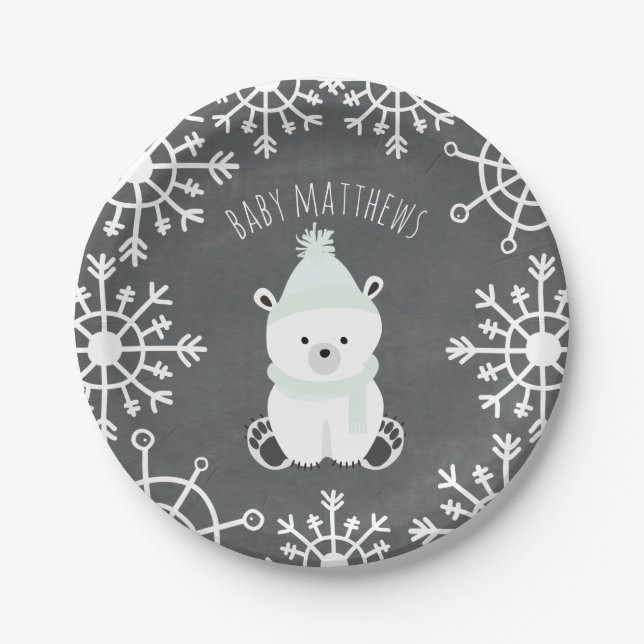Polar Bear Neutral Winter Baby Shower Paper Plate (Front)