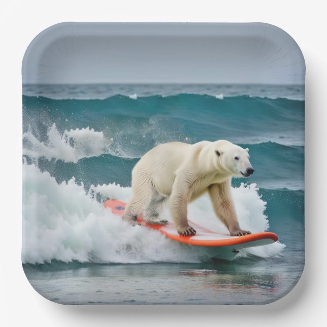 Polar Bear On A Surfboard Paper Plate (Front)