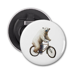 Polar Bear On Bicycle Button Bottle Opener