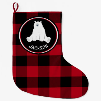 Polar Bear on Black and Red Buffalo Plaid Large Christmas Stocking