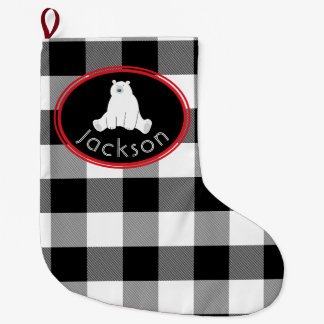Polar Bear on Black and White Buffalo Check Large Christmas Stocking