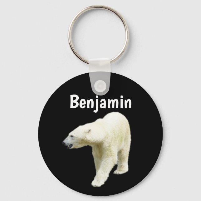 Polar Bear on Black Personalised Name Keychain (Front)