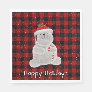 Polar Bear on Buffalo Plaid  Napkin