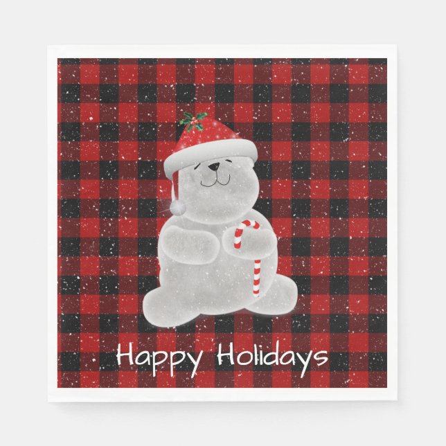 Polar Bear on Buffalo Plaid  Napkin (Front)