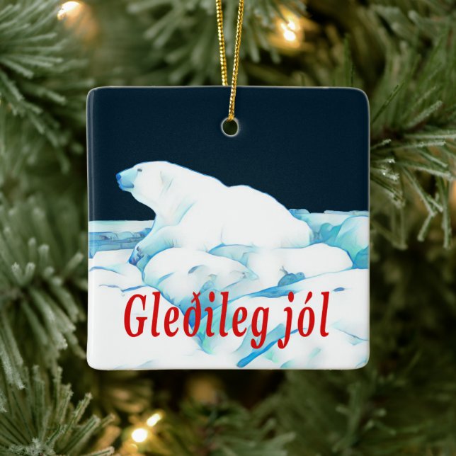 Polar Bear On Ice - Gleðileg Jól Ceramic Ornament (Tree)