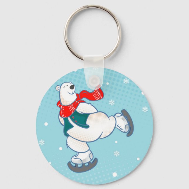 Polar bear on ice skates key ring (Front)