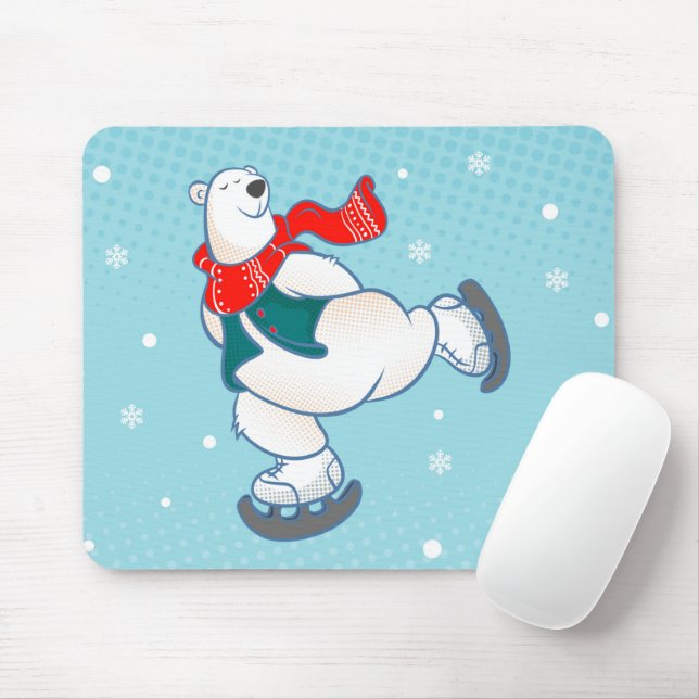 Polar bear on ice skates mouse mat (With Mouse)